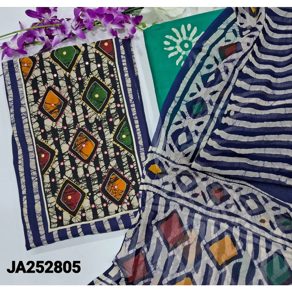 CODE JA252805: Dark blue vertical striped original wax batik dyed pure cotton unstitched salwar material faux mirror