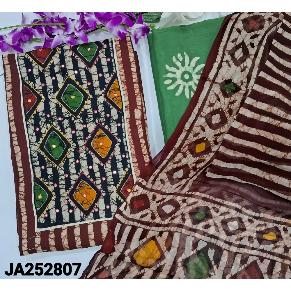 CODE JA252807: Dark maroon vertical striped original wax batik dyed pure cotton unstitched salwar material faux mirror