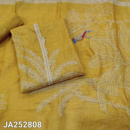 CODE JA252808: Mehandhi yellow with golden tint pure tissue linen unstitched salwar material rich hand embroidered