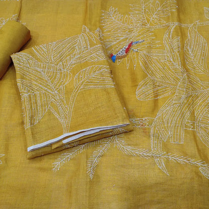 CODE JA252808: Mehandhi yellow with golden tint pure tissue linen unstitched salwar material rich hand embroidered