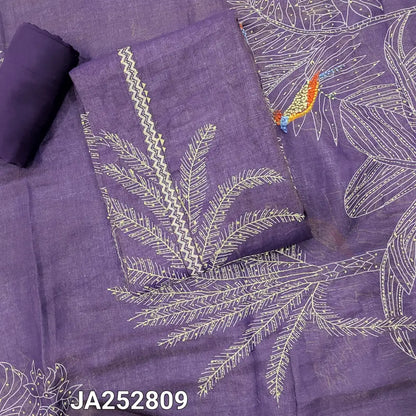 CODE JA252809: Dark purple with golden tint pure tissue linen unstitched salwar material rich hand embroidered