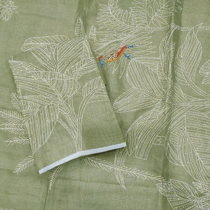 Sage green linen salwar material fabric with matching dupatta
