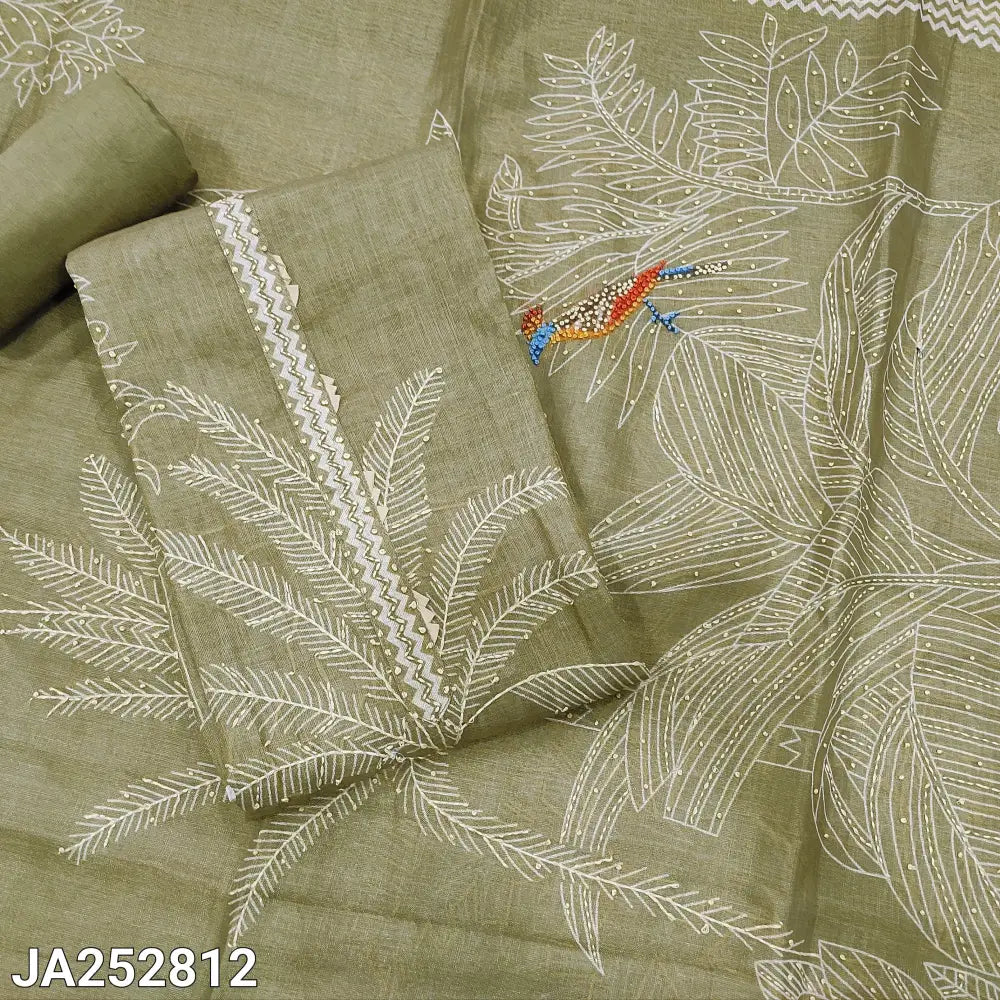 CODE JA252812: Sage green with golden tint pure tissue linen unstitched salwar material rich hand embroidered on front