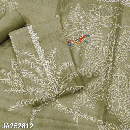 CODE JA252812: Sage green with golden tint pure tissue linen unstitched salwar material rich hand embroidered on front