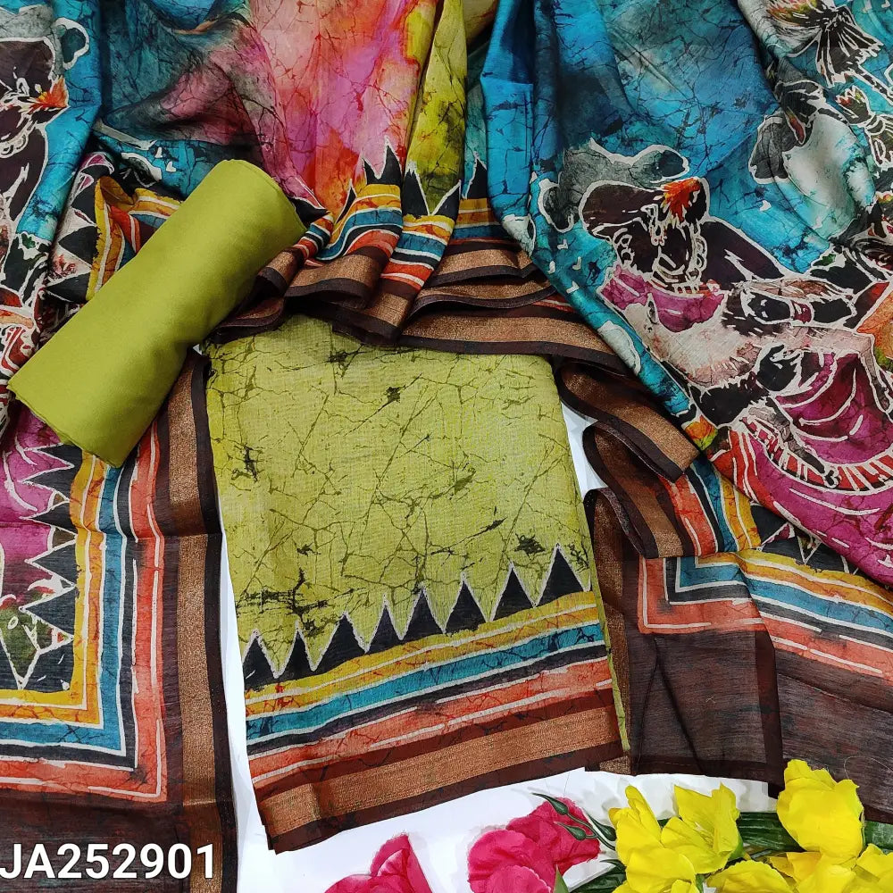 CODE JA252901: Light mossy green silk cotton unstitched salwar material batik design all over(lining needed)matching