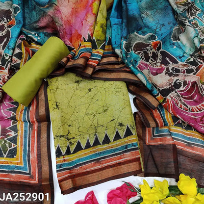 CODE JA252901: Light mossy green silk cotton unstitched salwar material batik design all over(lining needed)matching