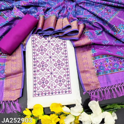 CODE JA252903: White premium self embroidered jakard glazed cotton unstitched salwar material cross stitch embroidered