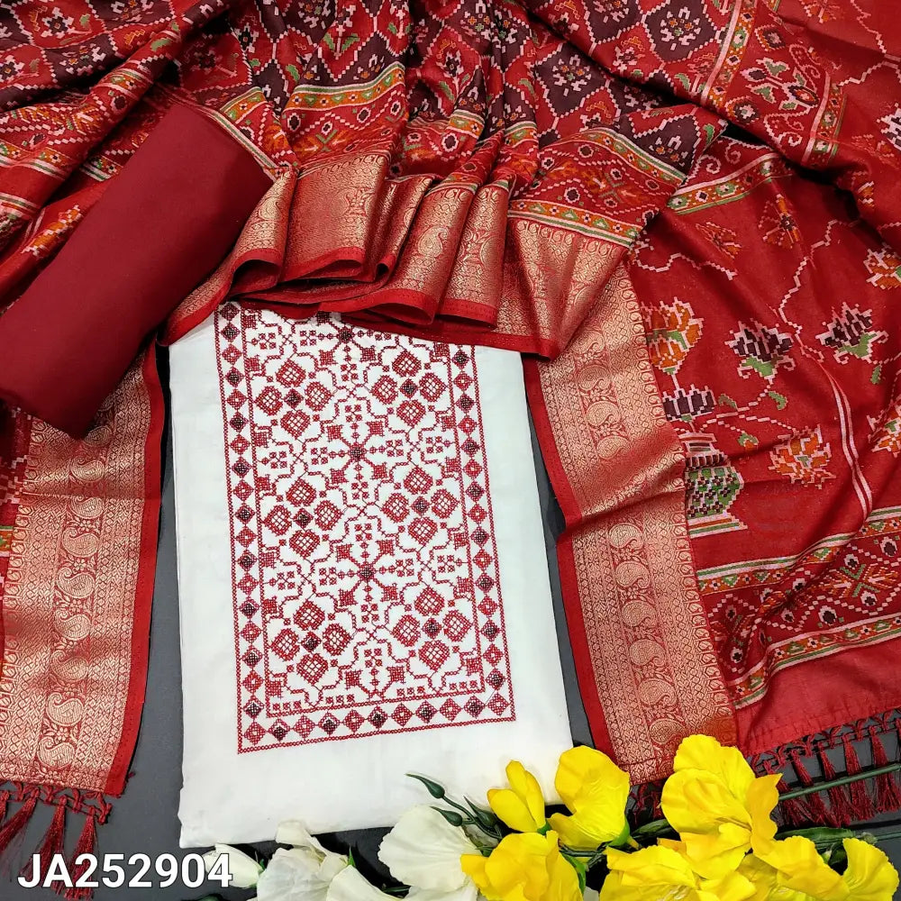 CODE JA252904: White premium self embroidered jakard glazed cotton unstitched salwar material cross stitch embroidered