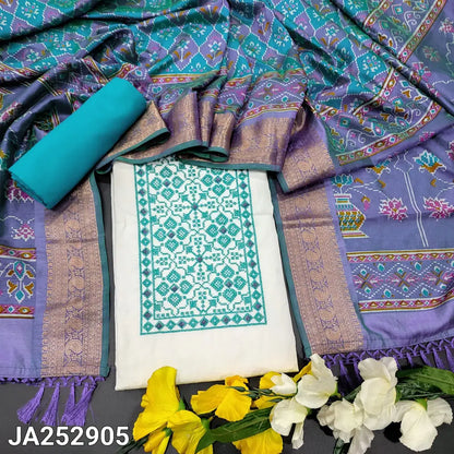 CODE JA252905: White premium self embroidered jakard glazed cotton unstitched salwar material cross stitch embroidered