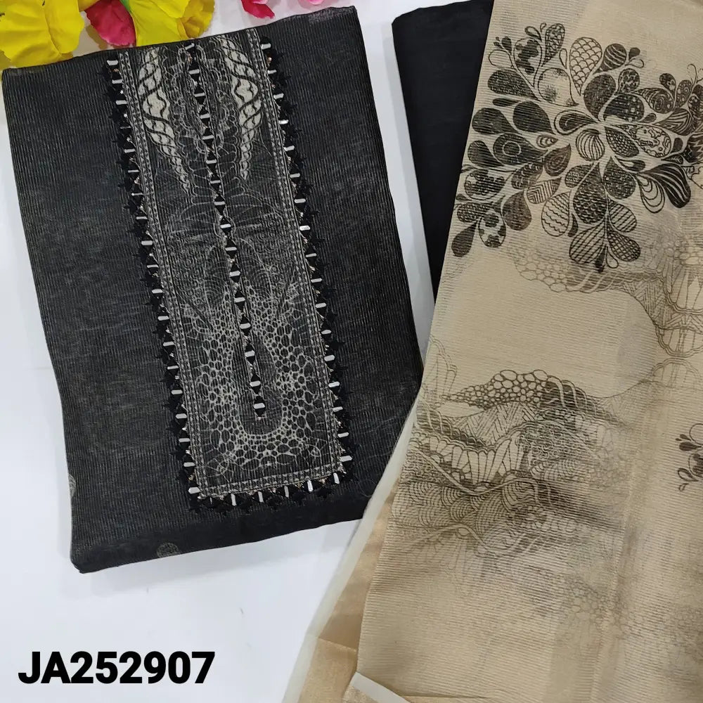 CODE JA252907: Black tissue silk cotton unstitched salwar material real mirror work on yoke thin zari line all