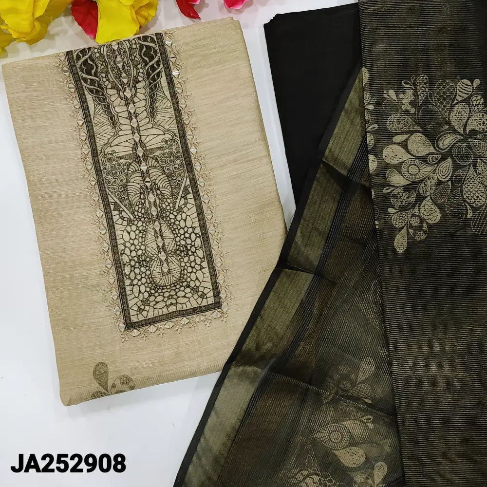 CODE JA252908: Beige tissue silk cotton unstitched salwar material real mirror work on yoke thin zari line all over