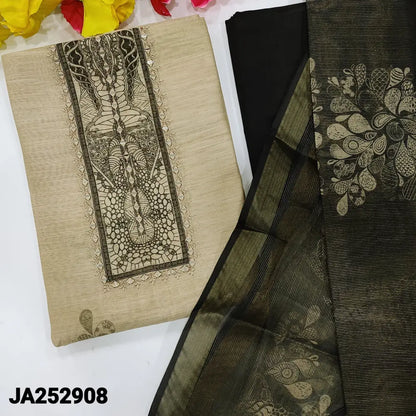 CODE JA252908: Beige tissue silk cotton unstitched salwar material real mirror work on yoke thin zari line all over
