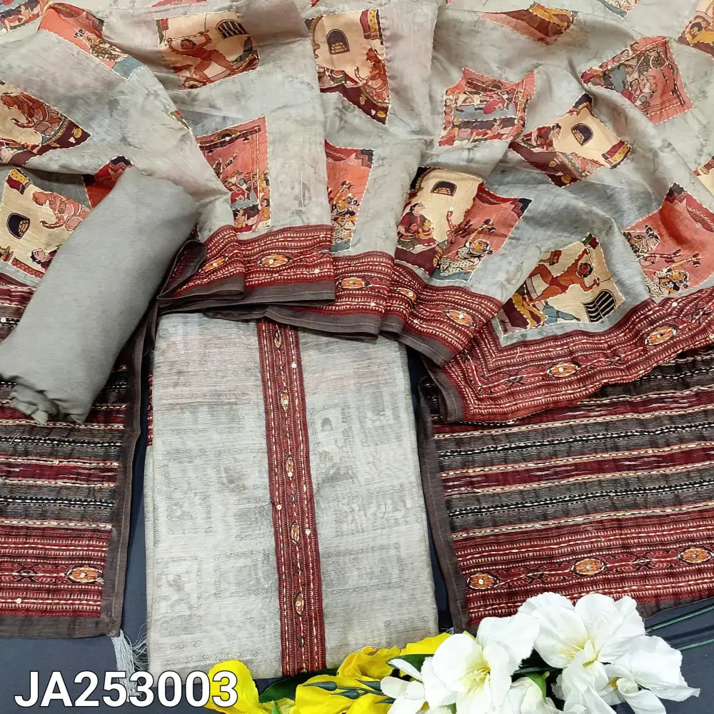 CODE JA253003: Grey digital printed silk cotton unstitched salwar material (thin fabric lining needed) matching santoon