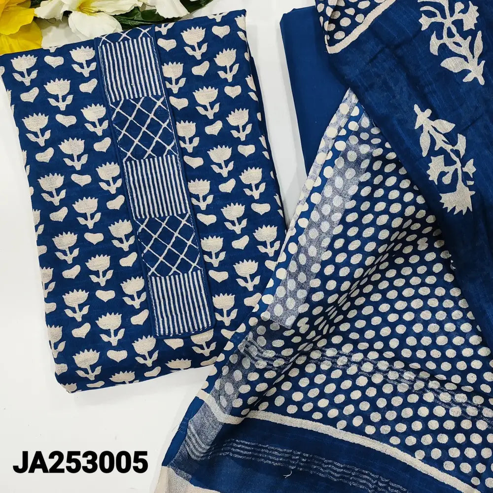 CODE JA253005: Royal blue printed semi linen unstitched salwar material (thin fabric lining needed) matching cotton