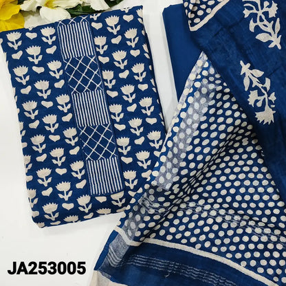 CODE JA253005: Royal blue printed semi linen unstitched salwar material (thin fabric lining needed) matching cotton