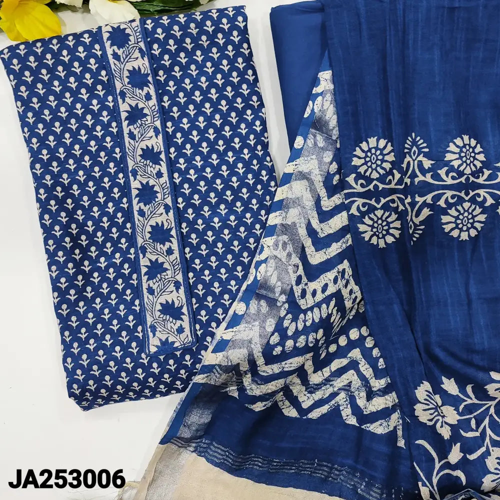 CODE JA253006: Royal blue printed semi linen unstitched salwar material (thin fabric lining needed) matching cotton