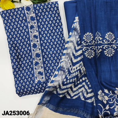 CODE JA253006: Royal blue printed semi linen unstitched salwar material (thin fabric lining needed) matching cotton
