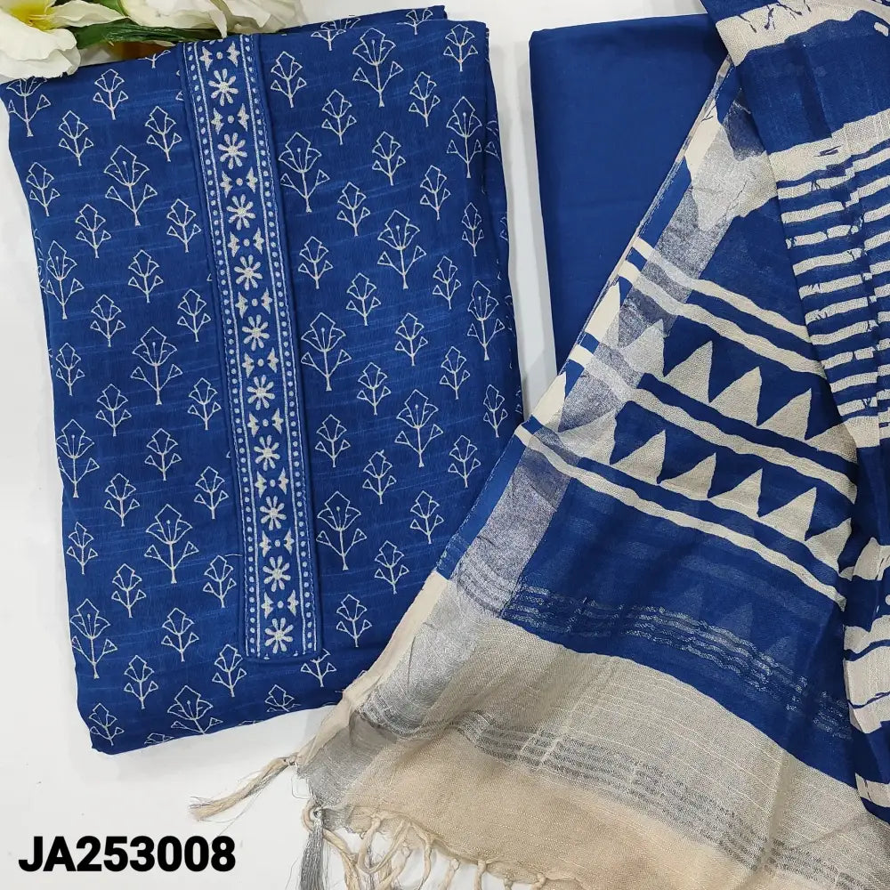 CODE JA253008: Royal blue printed semi linen unstitched salwar material(thin fabric lining needed)matching cotton