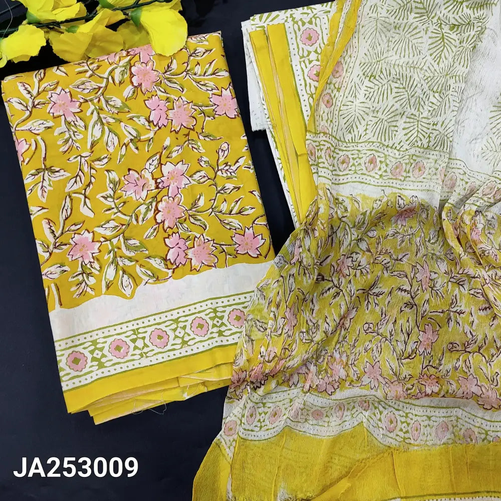 CODE JA253009: Bright mehandhi yellow hand block printed premium cotton unstitched salwar material (lining needed) hand