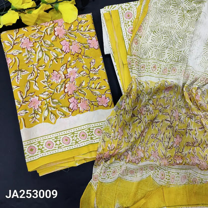 CODE JA253009: Bright mehandhi yellow hand block printed premium cotton unstitched salwar material (lining needed) hand