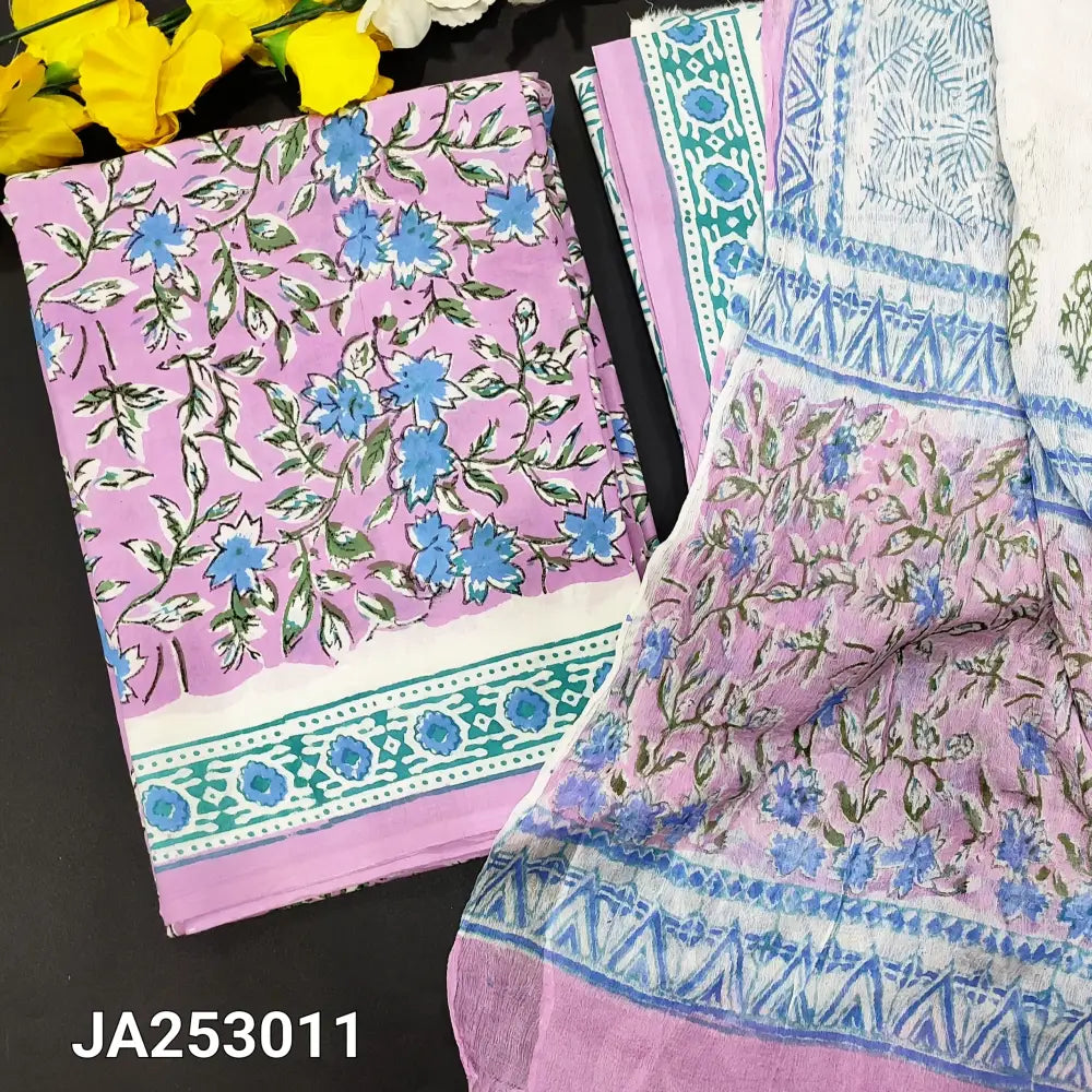 CODE JA253011: Lavender hand block printed premium cotton unstitched salwar material (lining needed) hand block printed