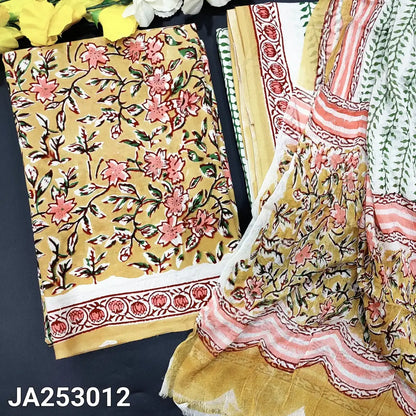 CODE JA253012: Beige hand block printed premium cotton unstitched salwar material (lining needed) hand block printed