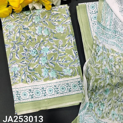 CODE JA253013: Pastel green hand block printed premium cotton unstitched salwar material (lining needed) hand block