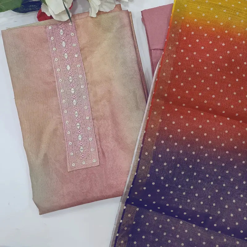 CODE JA253101: Multi color with golden tint printed tissue silk cotton unstitched salwar material thread& real mirror