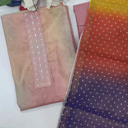 CODE JA253101: Multi color with golden tint printed tissue silk cotton unstitched salwar material thread& real mirror