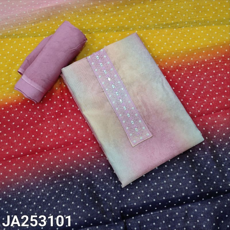 CODE JA253101: Multi color with golden tint printed tissue silk cotton unstitched salwar material thread& real mirror