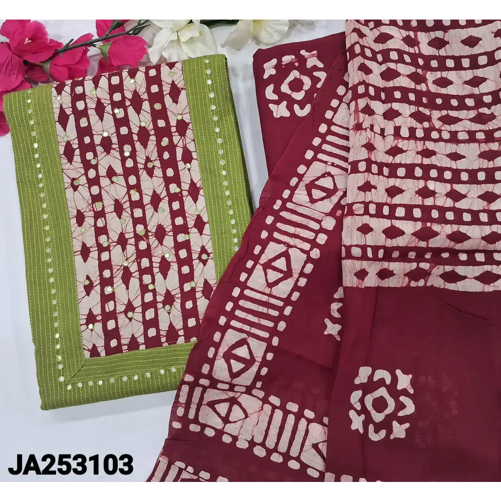 CODE JA253103: Tender leaf green pure kantha cotton unstitched salwar material batik dyed yoke with faux mirror work