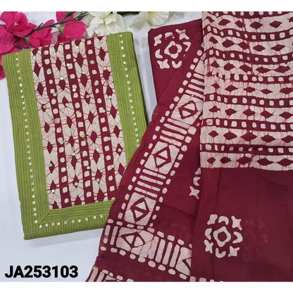 CODE JA253103: Tender leaf green pure kantha cotton unstitched salwar material batik dyed yoke with faux mirror work