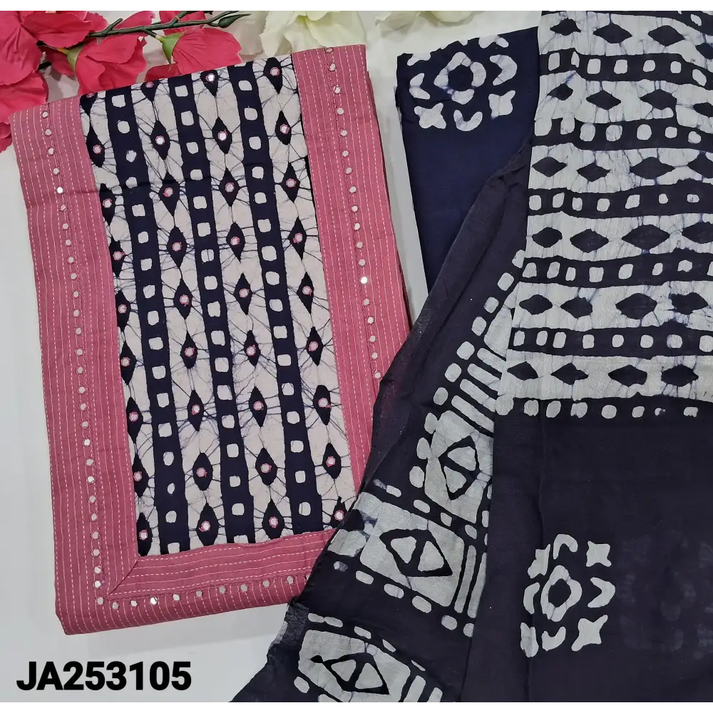 CODE JA253105: Pink pure kantha cotton unstitched salwar material batik dyed yoke with faux mirror work(lining