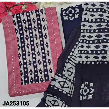 CODE JA253105: Pink pure kantha cotton unstitched salwar material batik dyed yoke with faux mirror work(lining