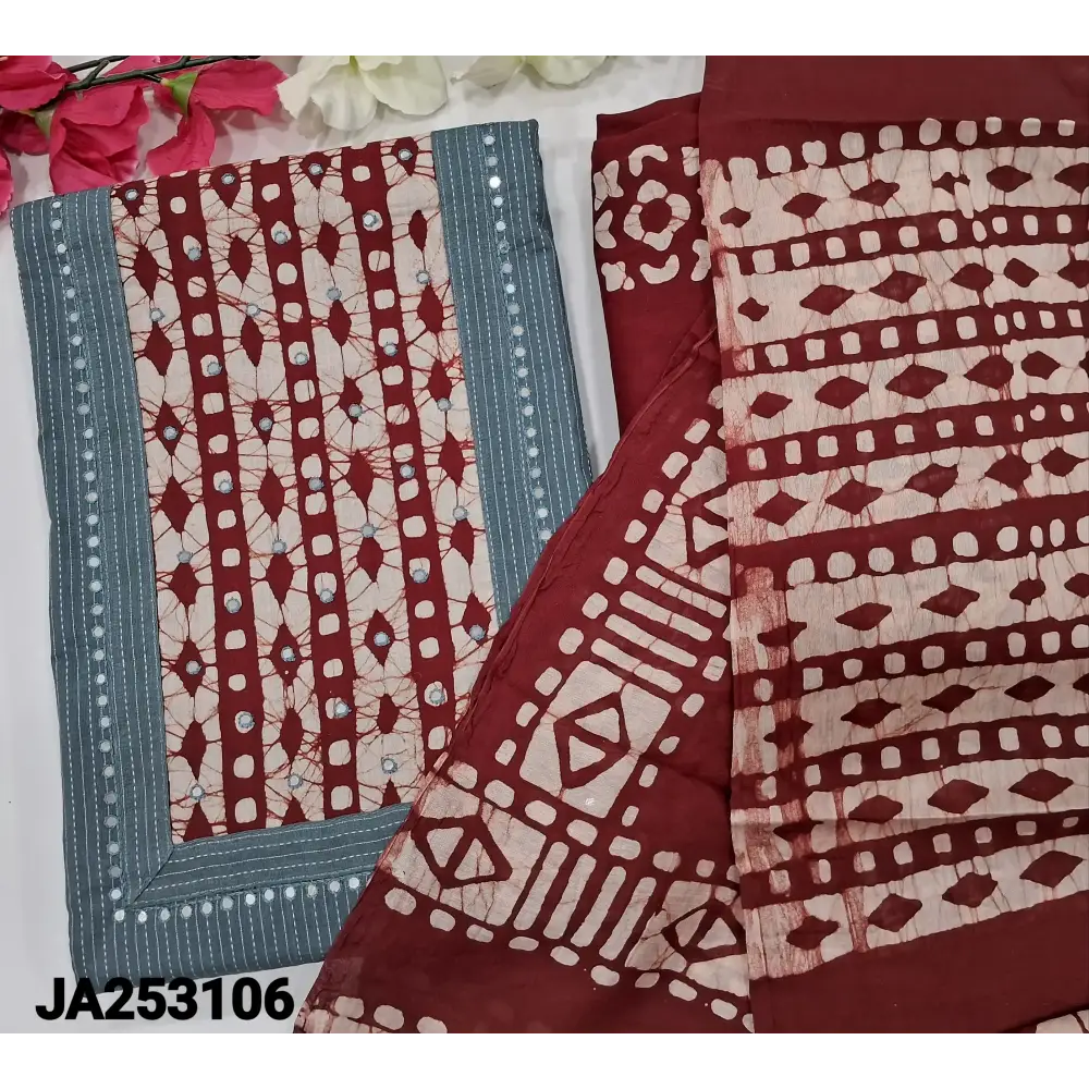 CODE JA253106: Grey pure kantha cotton unstitched salwar material batik dyed yoke with faux mirror work(lining