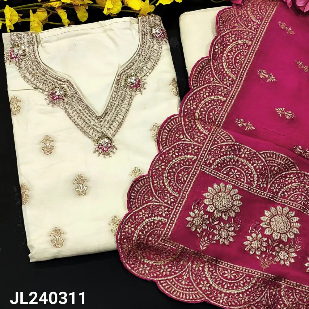 CODE JL240311: Half white designer pure dola silk unstitched salwar material zardozi& sequins work on yoke banarasi