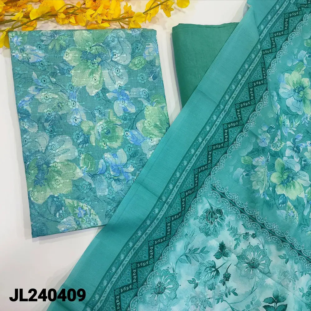 CODE JL240409: Blue shade floral printed glazed cotton unstitched salwar material schiffli embroidered on front(lining