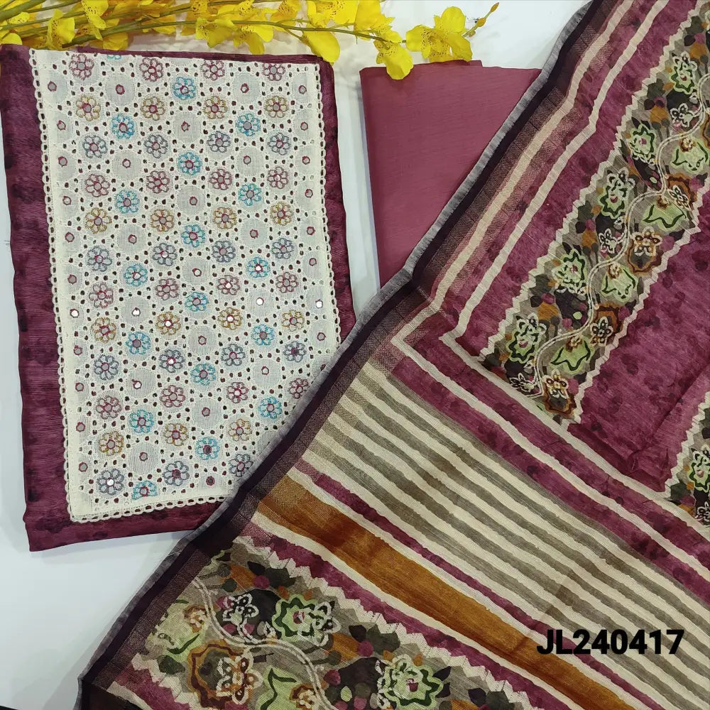 CODE JL240417: Light beetroot purple semi gicha textured silk cotton unstitched salwar material contrast yoke patch