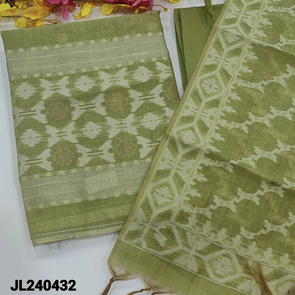 CODE JL240432: Pastel green premium silk cotton unstitched salwar material jamdani thread woven design & zari buttas