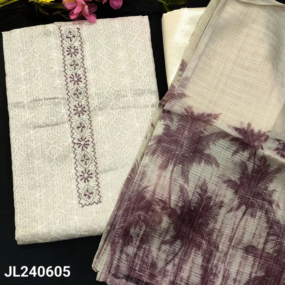 CODE JL240605: Half white kota unstitched salwar material Mauve shade thread& bead work on yoke embroidered