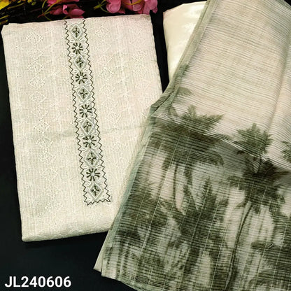 CODE JL240606: Half white kota unstitched salwar material,light olive green thread&bead work on yoke,embroidered