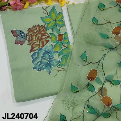 CODE JL240704: Pastel green premium cotton unstisched salwar material hand brush painted with bead& kantha stitch work
