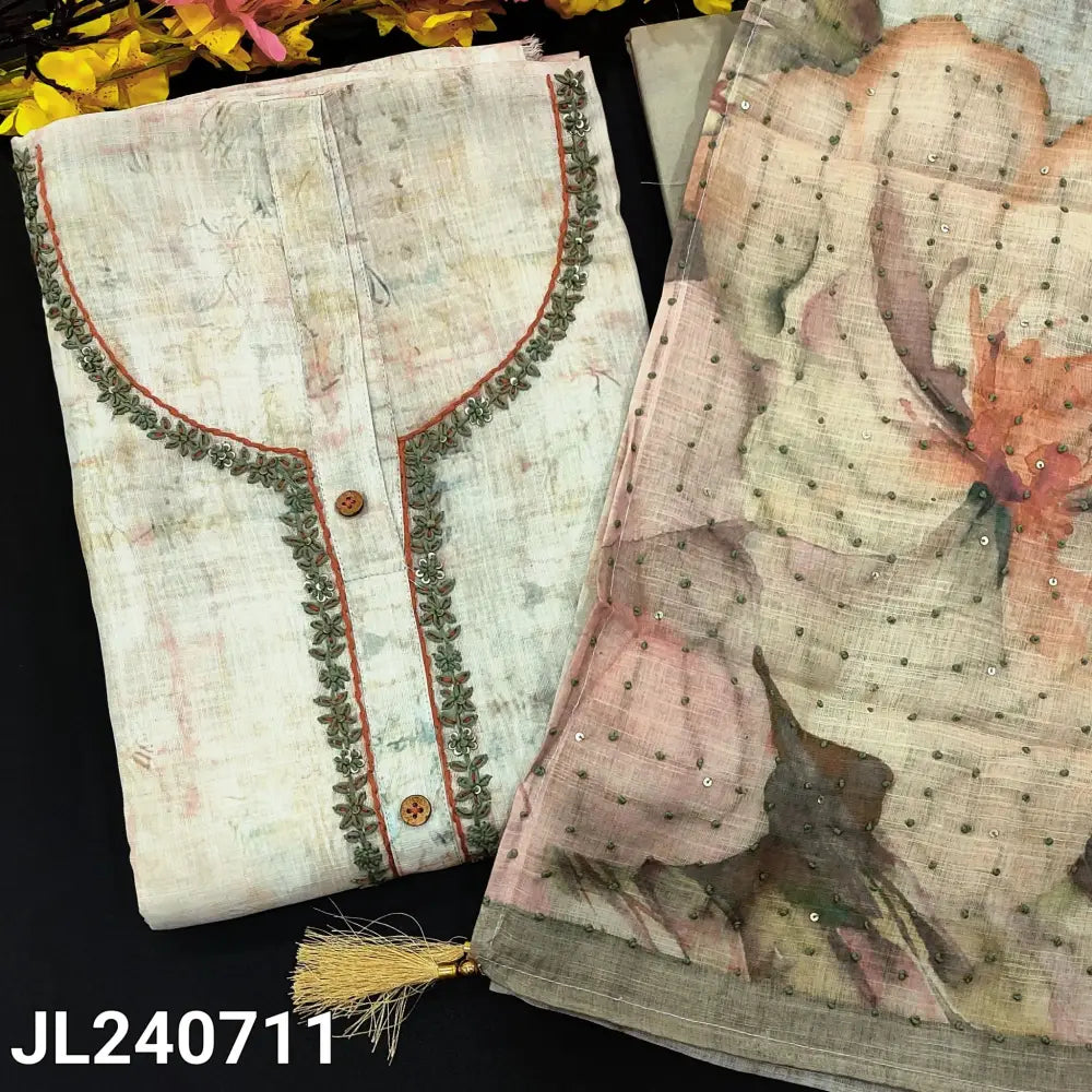 CODE JL240711: Light grey abstract printed pure linen unstitched salwar material hand embroidered on yoke(thin fabric