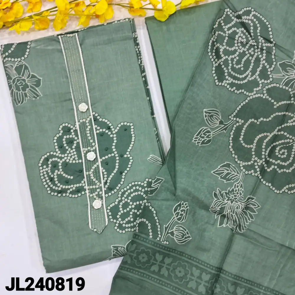 CODE JL240819: Cement green printed satin cotton unstitched salwar material fancy buttons on yoke thread work