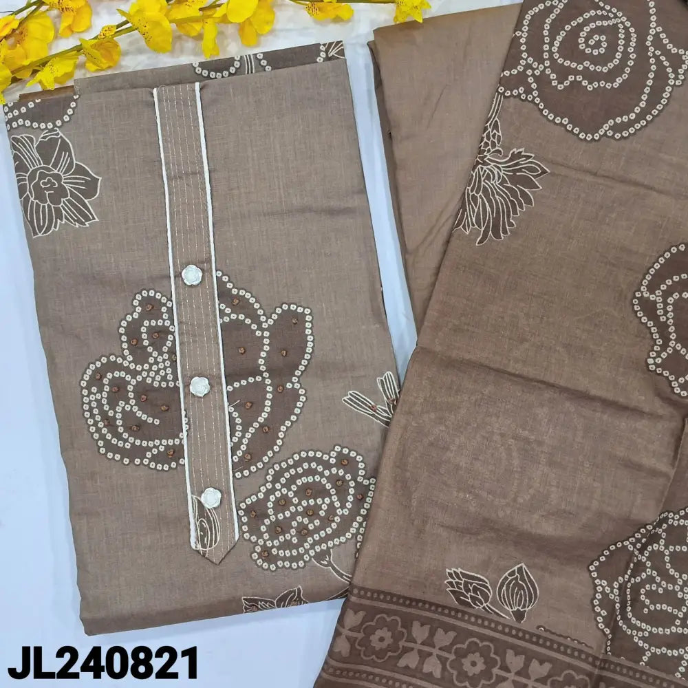 CODE JL240821: Greyish beige printed satin cotton unstitched salwar material fancy buttons on yoke thread work