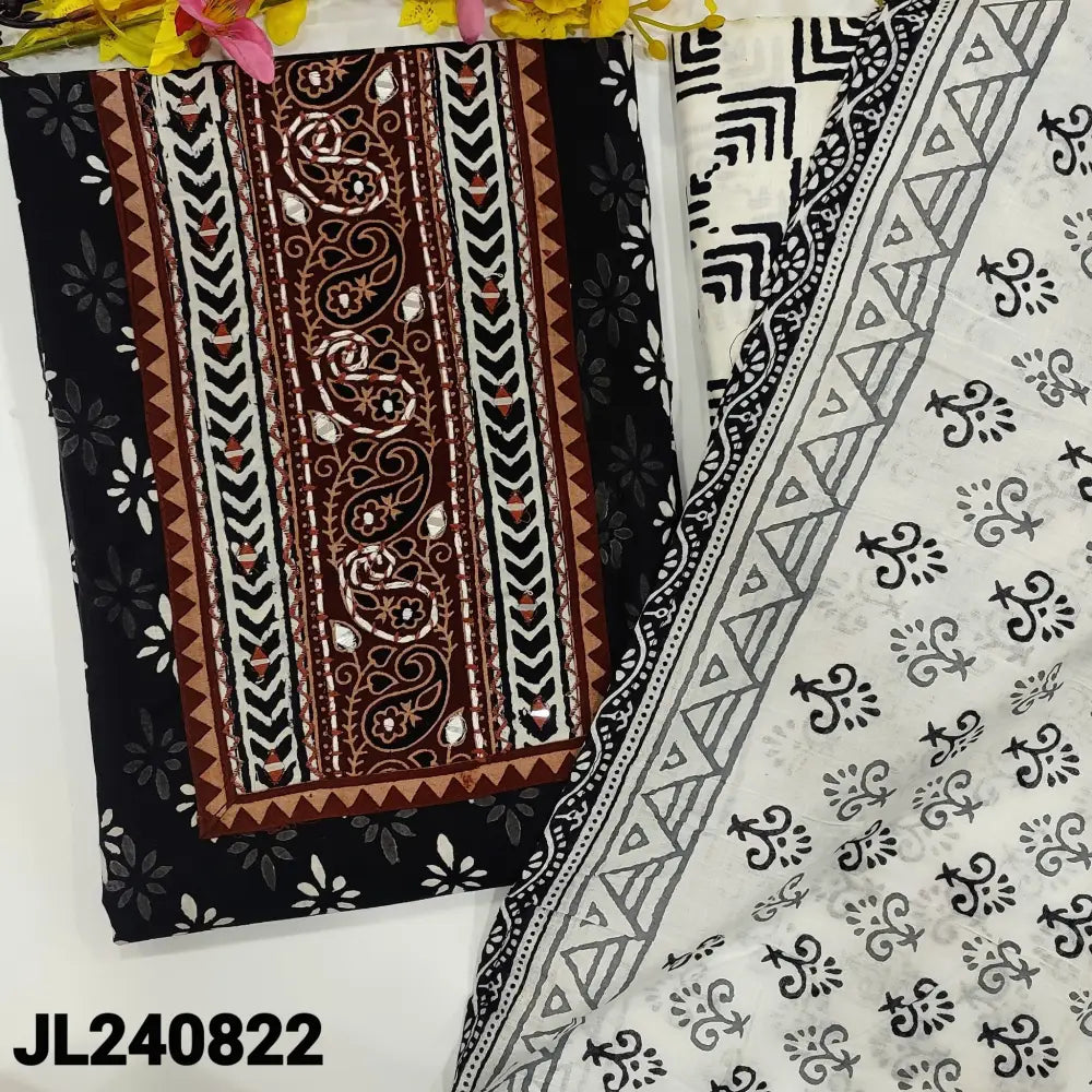CODE JL240822: Black block printed pure cotton unstitched salwar material ajrak block printed yoke with real mirror&