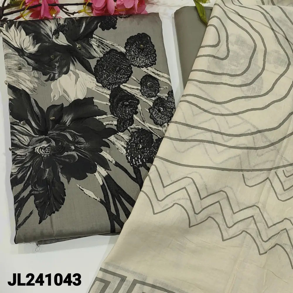 CODE JL241043: Grey printed satin cotton unstitched salwar material sequins work on front(lining optional)printed daman