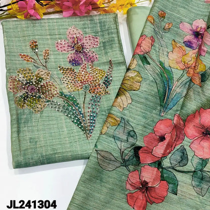 CODE JL241304: Pastel green designer abstract printed premium tussar unstitched salwar material hand work on yoke(thin