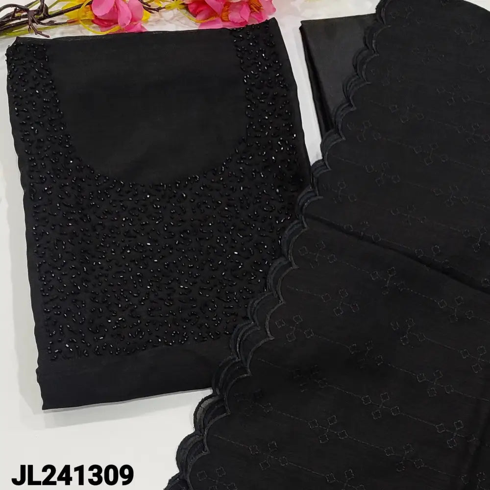 CODE JL241309: Black fancy silk cotton unstitched salwar material heavy bead work on yoke(thin fabric lining