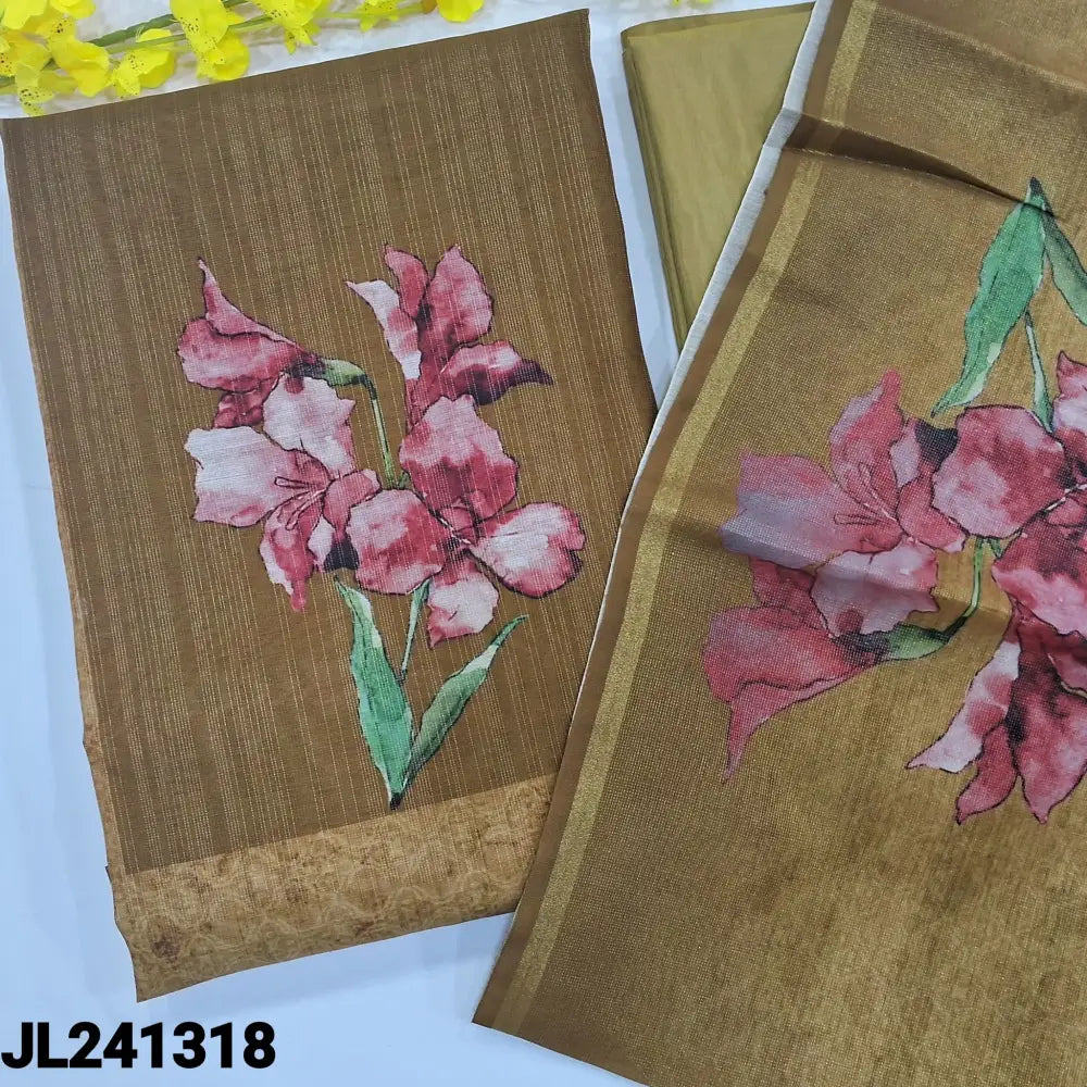 CODE JL241318: Olive green &beige fancy tissue silk cotton unstitched salwar material floral printed on yoke(lining